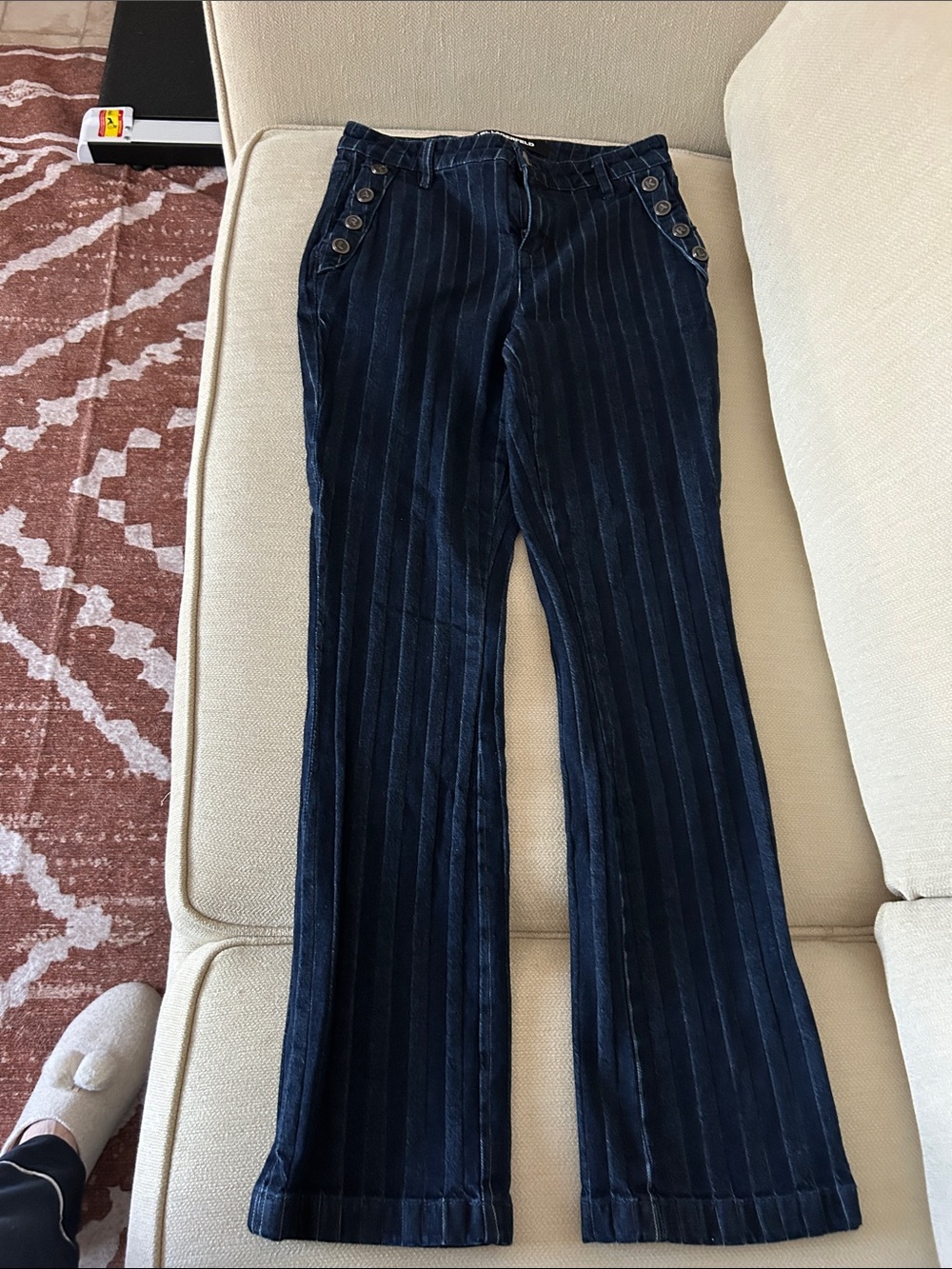 Karl Lagerfeld Navy Pinstripe Straight-Leg Jeans with Button Accents